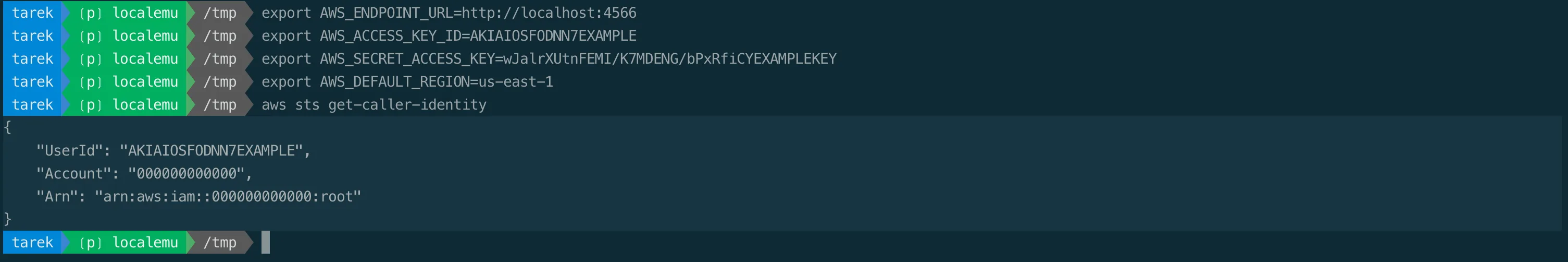 Pointing the AWS CLI at LocalEmu and confirming the local account 000000000000