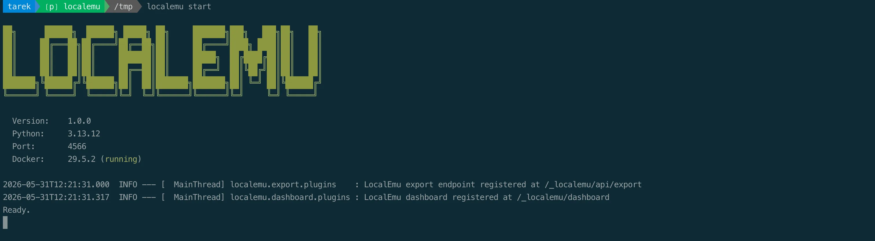 Starting LocalEmu from the terminal, ready on localhost:4566